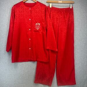 Natori II Pajama Set Size M Red Embossed Embroidered Polyester Shoulder Pads